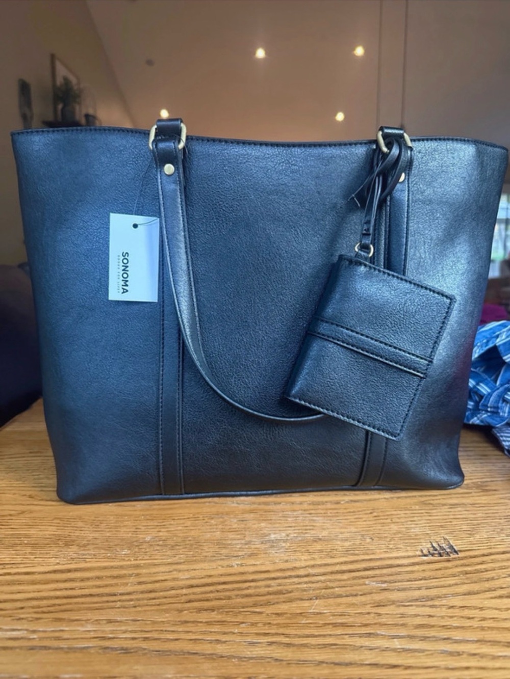 Sonoma Black Faux Leather Tote with Attached Card Holder